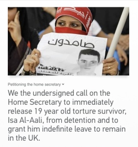 http://www.change.org/en-GB/petitions/the-home-secretary-we-the-undersigned-call-on-the-home-secretary-to-immediately-release-19-year-old-torture-survivor-isa-al-aali-from-detention-and-to-grant-him-indefinite-leave-to-remain-in-the-uk?utm_campaign=new_signature&utm_medium=email&utm_source=signature_receipt#share
